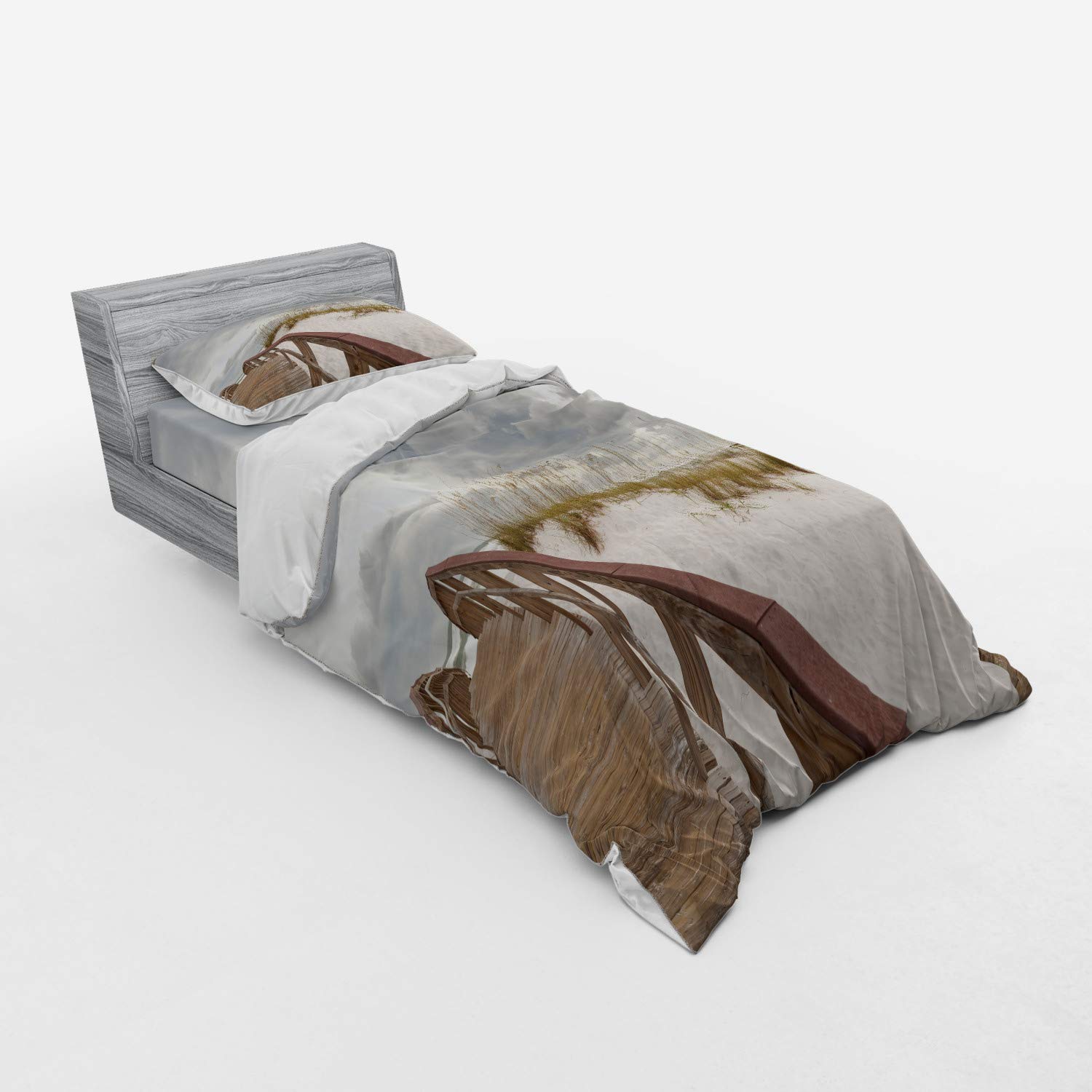 Ambesonne Beach Duvet Cover Set - Tropical Florida Seashore Landscape with Sand Footpath, 3-Piece Bedding Set Includes Sham & Fitted Sheet, Twin XL Size, Grey Cream - Perfect for Coastal Themed Bedrooms & Vacation Home Decor