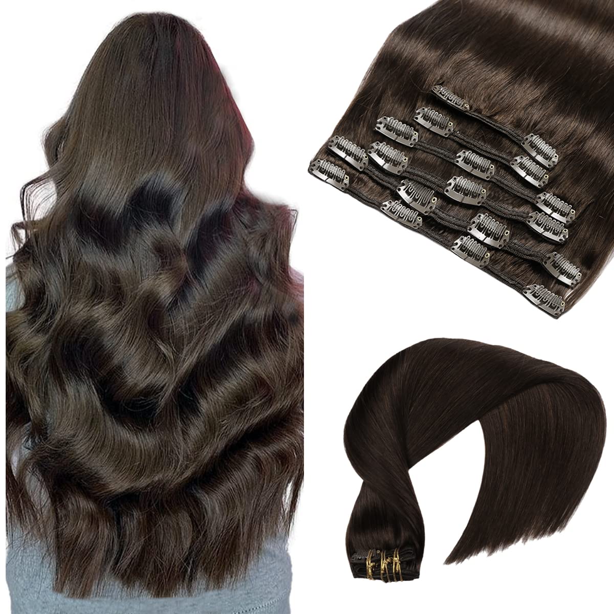 VINBAO 22 Inch Clip in Human Hair Extensions - 6 Pcs Straight Double Weft Dark Brown (#2) 120g for Women | Perfect for Daily Styling, Parties & Special Occasions
