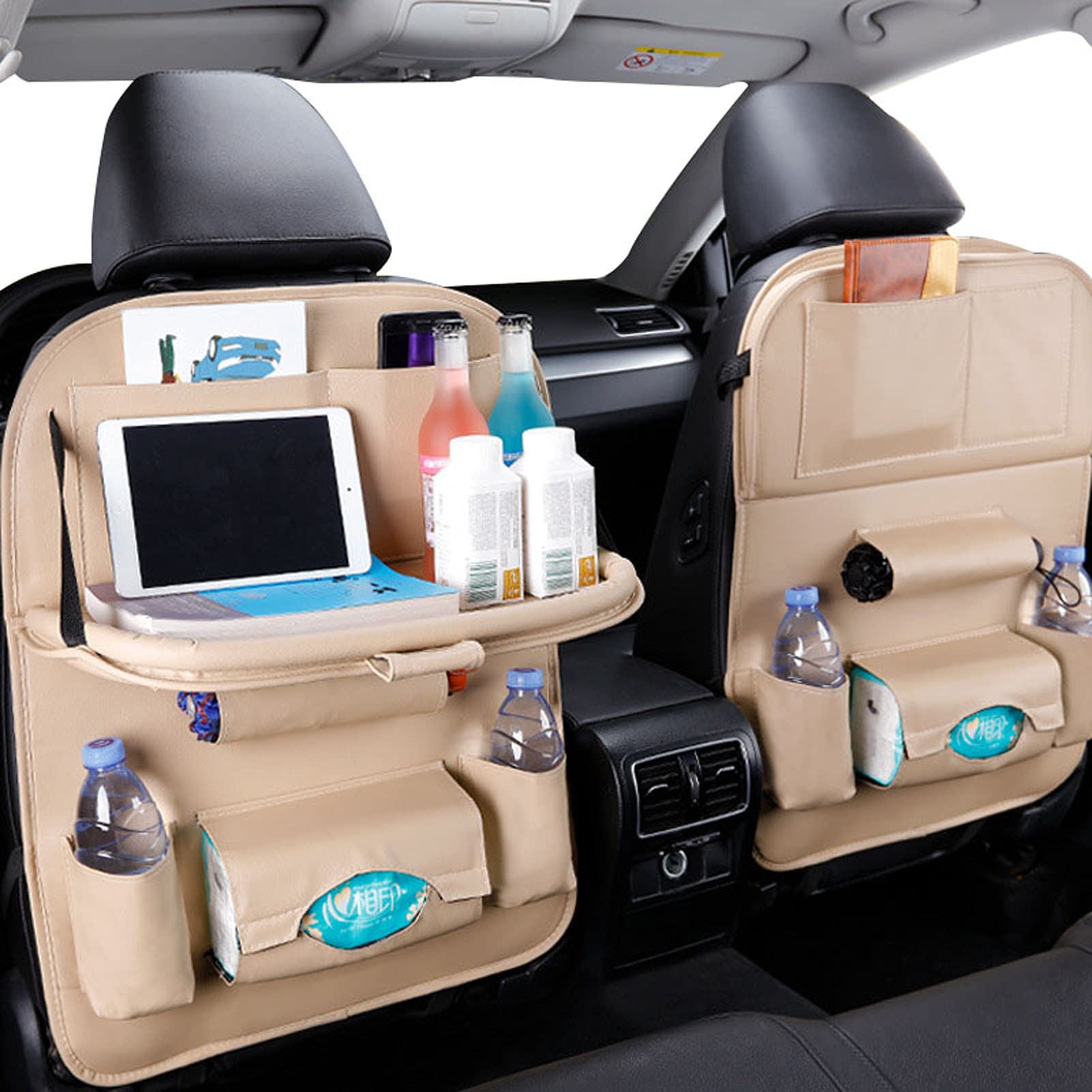 2 Pack Car Backseat Organizer with Tablet Holder - Foldable Dining Table & Kick Mats for Kids - Waterproof Backseat Protector for Travel Accessories (Perfect for Road Trips, Family Vacations & Daily Commute)