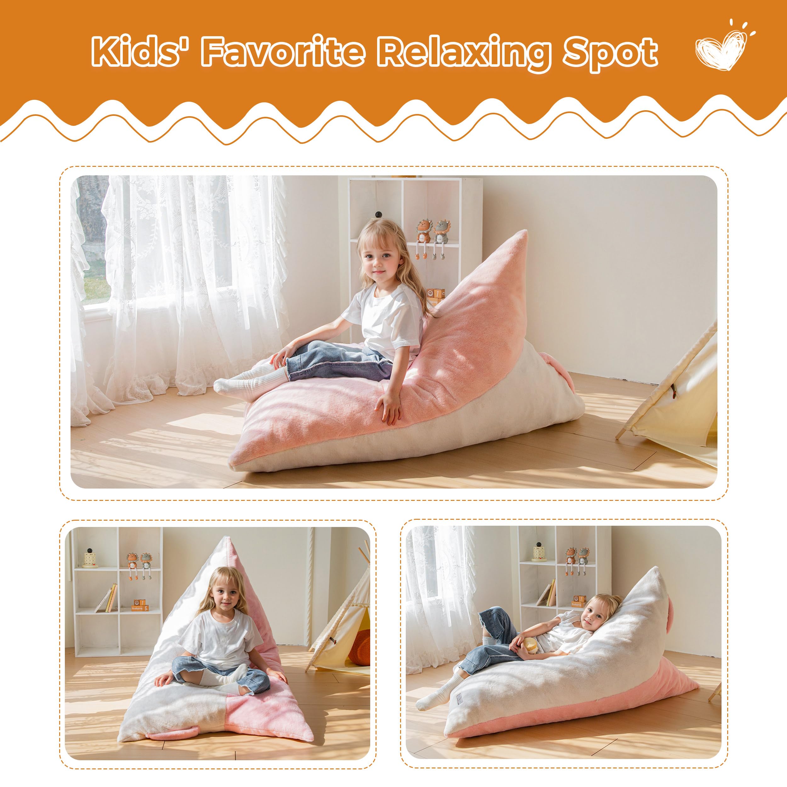 MAXYOYO Kids Bean Bag Chair - 2 Tone Handle Design, High Density Foam Floor Lounger for Boys & Girls, Pink & White - Perfect for Bedroom, Playroom & Reading Nook