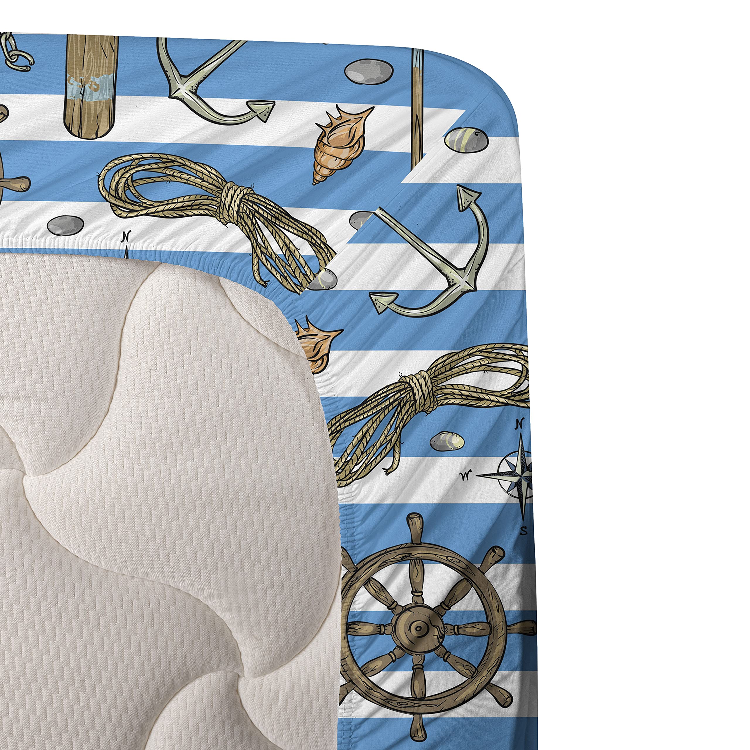 Ambesonne Nautical Queen Size 4-Piece Sheet Set - Sailor Stripes Design with Fitted Sheet, Flat Sheet & 2 Pillowcases - Cruise & Maritime Themed Bedding in Brown Blue White | Perfect for Beach House, Boat Cabin or Nautical Nursery Decor
