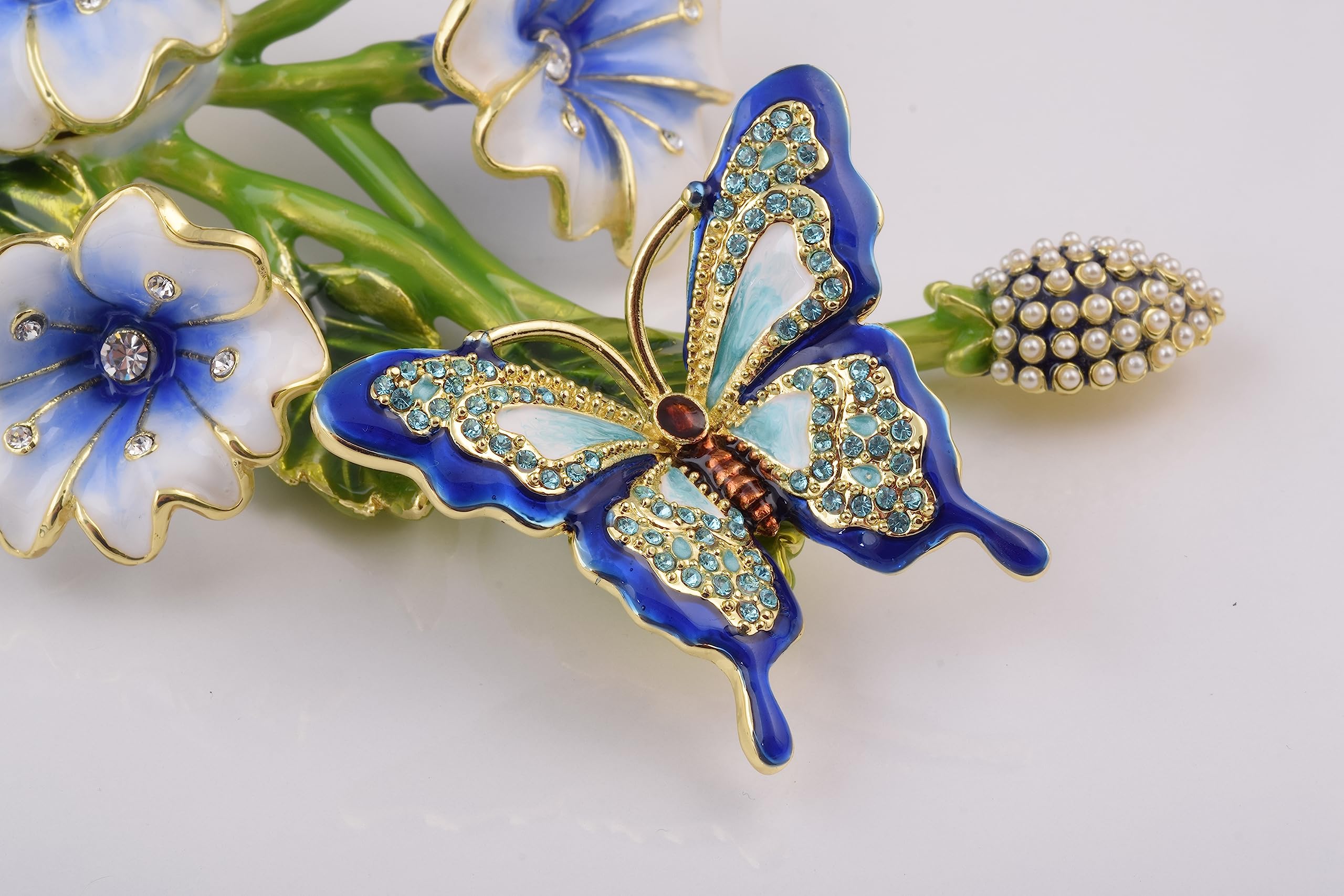 Exquisite Blue Butterfly on Branch with Flowers Faberge-Style Trinket Box - Elegant Home Decor Jewelry Storage for Bedroom, Bathroom & Gift Giving