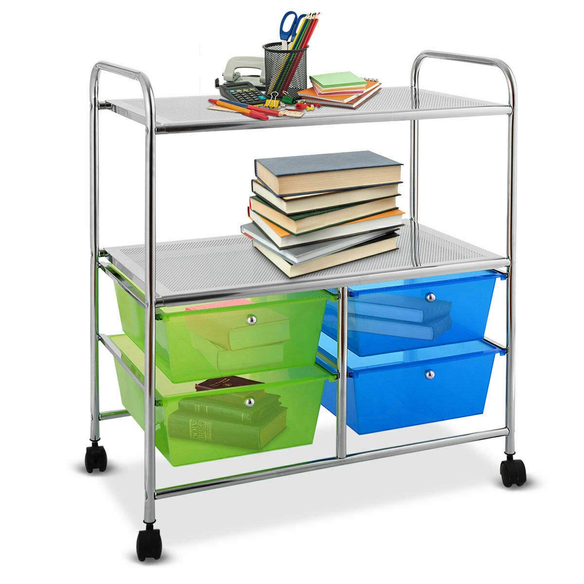 Blue Green 4-Drawer Rolling Storage Cart with 2 Open Shelves - Organize Towels, Toiletries, Books & Office Supplies - Perfect for Kitchen, Bathroom & Office Organization
