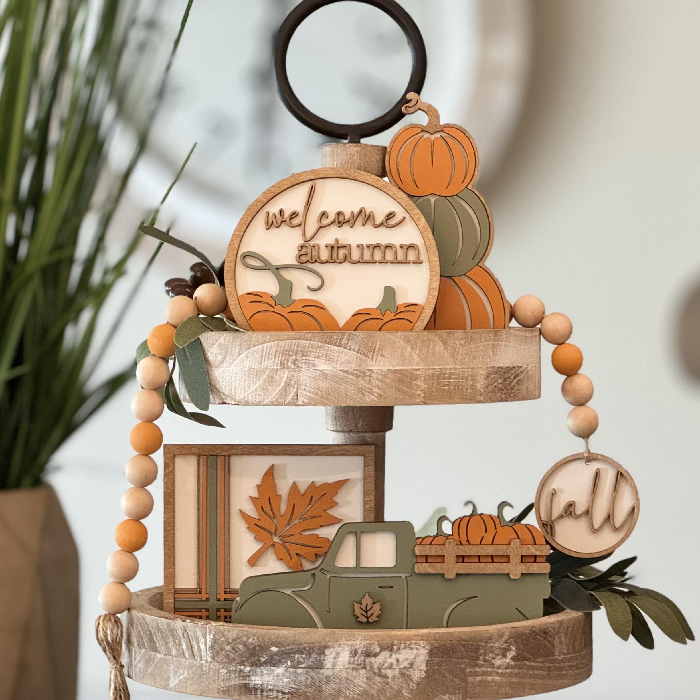 7-Piece Autumn Tiered Tray Decor Set - Fall Themed Home Decor Bundle with Pumpkin, Leaves & Acorn Designs for Thanksgiving, Halloween, and Seasonal Table Centerpieces | Perfect for Coffee Tables, Kitchen Countertops, and Entryway Displays