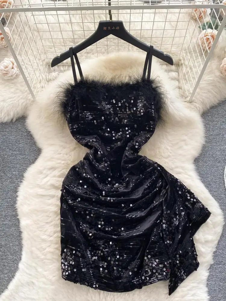Sexy Beige Sequins Furry Slip Dress for Women - Off Shoulder Backless Mini Dress for Club, Party & Birthday - Fashion Slim Fit Autumn Dress (Also Available in Black & Pink) - Perfect for Night Out, Date Night and Special Occasions