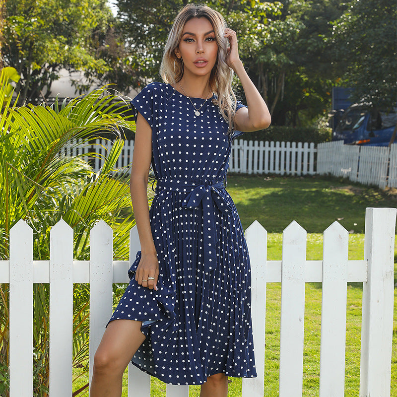Polka Dot Short Sleeve Midi Dress for Women - Summer Casual Bandage Party Pleated Dress in Elegant Green - Perfect for Office, Cocktail Parties & Summer Outings