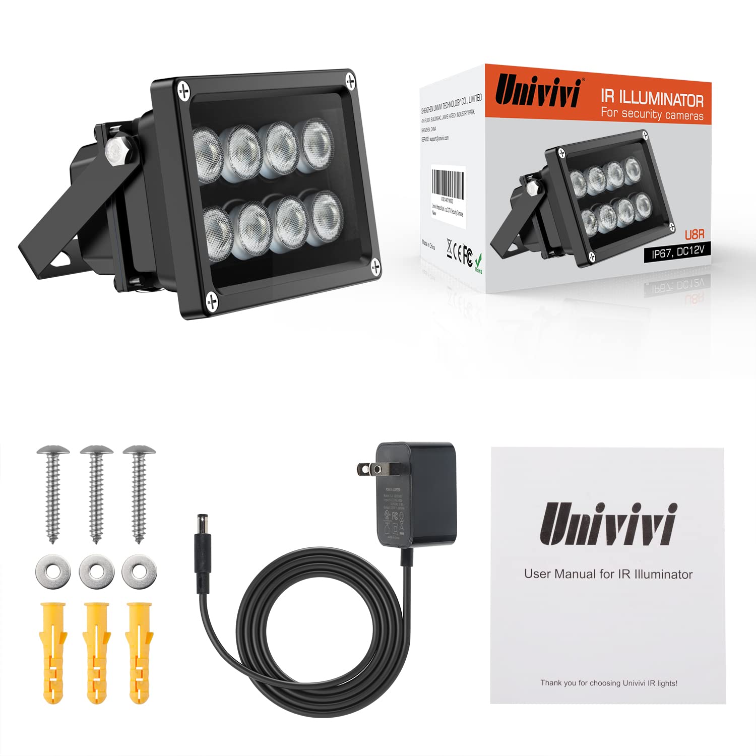 Univivi 90° Wide Angle 8-LED 850nm IR Infrared Illuminator - IP67 Waterproof Night Vision Light for Outdoor Security Cameras | Perfect for Home Surveillance, Backyard Monitoring & Dark Area Coverage