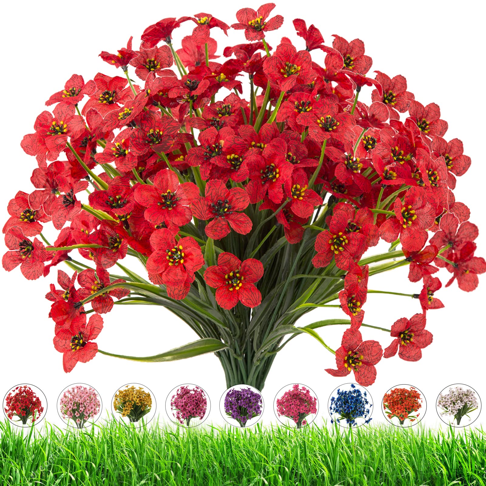 24 Pack UV Resistant Artificial Flowers for Outdoor - Faux Plastic Plants for Garden, Window Box, Porch & Patio Decor (Red) - Perfect for Home, Wedding & Party Decoration
