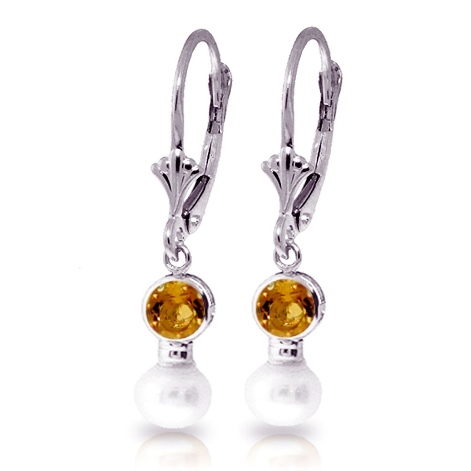 5.2 Carat 14K Solid White Gold Leverback Earrings with Pearl & Citrine Gemstones - Elegant Jewelry for Weddings, Parties & Special Occasions