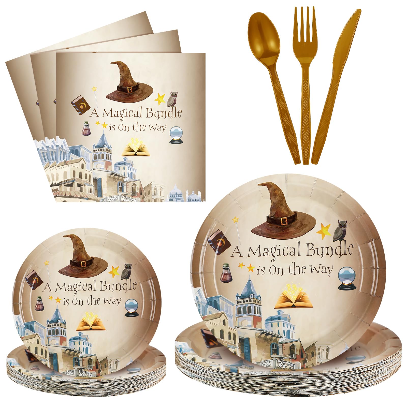 Sunnyray 96-Piece Magical Wizard Baby Shower Set - Plates, Napkins & Forks for 24 Guests | Enchanted Theme Party Supplies | Perfect for Baby Showers, Gender Reveals & Fantasy-Themed Celebrations