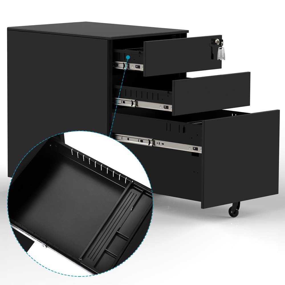 3-Drawer Mobile File Cabinet with Lock - Rolling Under Desk Storage Organizer, Fully Assembled Black File Cabinet for Office, Home & School Use