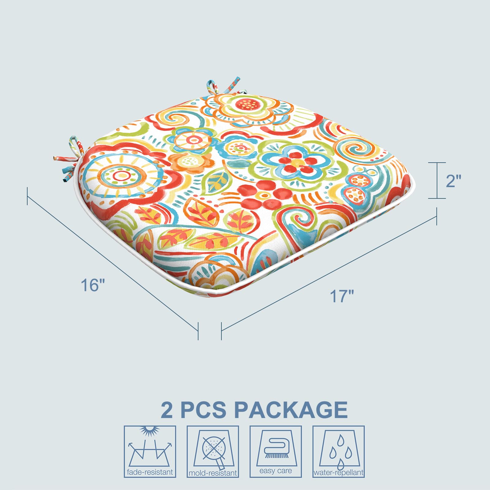 LTXIII Indoor Outdoor Chair Cushions with Ties - 16x17 Inch Water-Resistant Patio Seat Pads (2 Pack, Floral Pattern) for Garden, Deck, Poolside & Home Office Furniture Decor