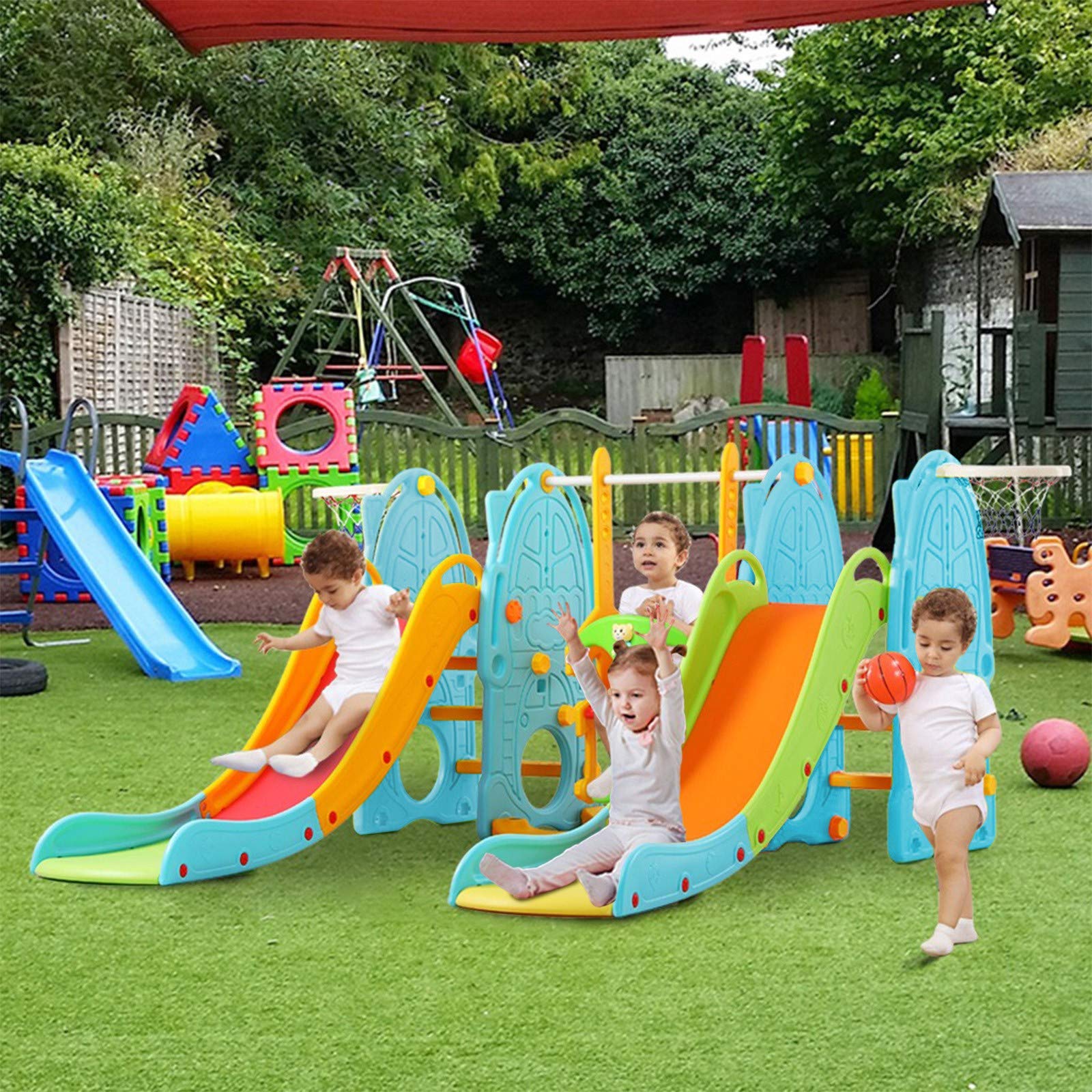 ZCCSHOWN Kids Airplane Double Slide Climbing & Swing Set with Music Player - Indoor & Outdoor Backyard Playground for Toddlers - Multicolor Fun for Birthday & Playdates