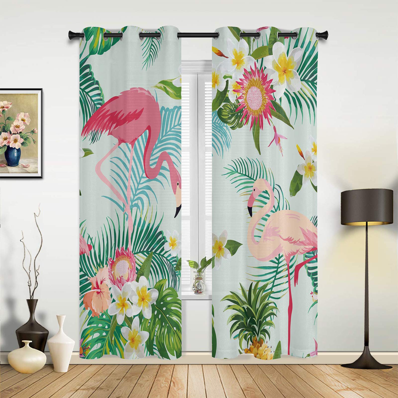 Blackout Curtains for Bedroom & Living Room - 2 Panels Tropical Palm Leaves Flamingo Window Drapes (52x84 Inch) | Grommet Panels for Light Blocking & Privacy | Perfect for Nursery, Home Theater & Shift Workers