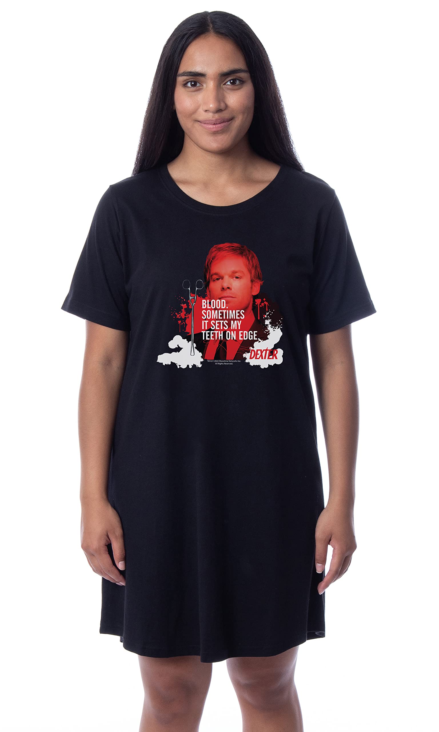 INTIMO Dexter Women's Blood Sometimes It Sets My Teeth On Edge TV Show Quote Nightgown - Black Sleepwear Pajama Top (Medium) | Comfortable Lounge Shirt for TV Watching & Relaxing at Home