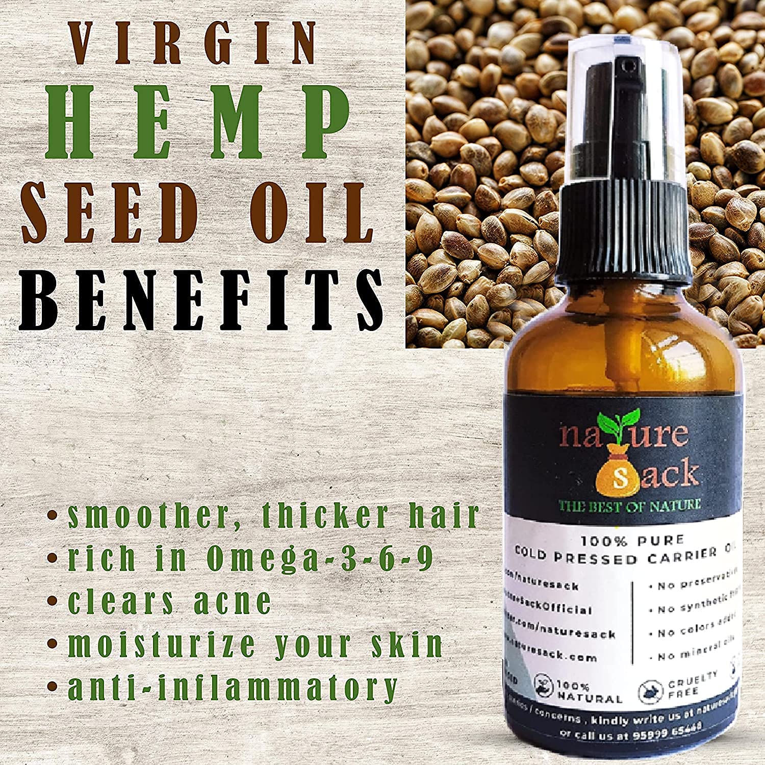 NatureSack Cold Pressed Hemp Seed Oil 50ml - Organic Face Moisturizer for Wrinkles, Fine Lines & Expression Lines | Hydrating Skin Care for Dry, Sensitive & Aging Skin - Perfect for Night Routine & Daily Facial Treatment