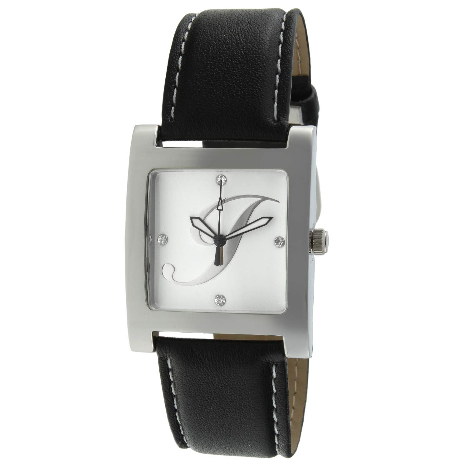 Personalized Women's Silver Tone Square Wrist Watch with Crystal Initial Studded Dial & Genuine Leather Strap - Elegant Gift for Her, Perfect for Office, Party and Everyday Wear
