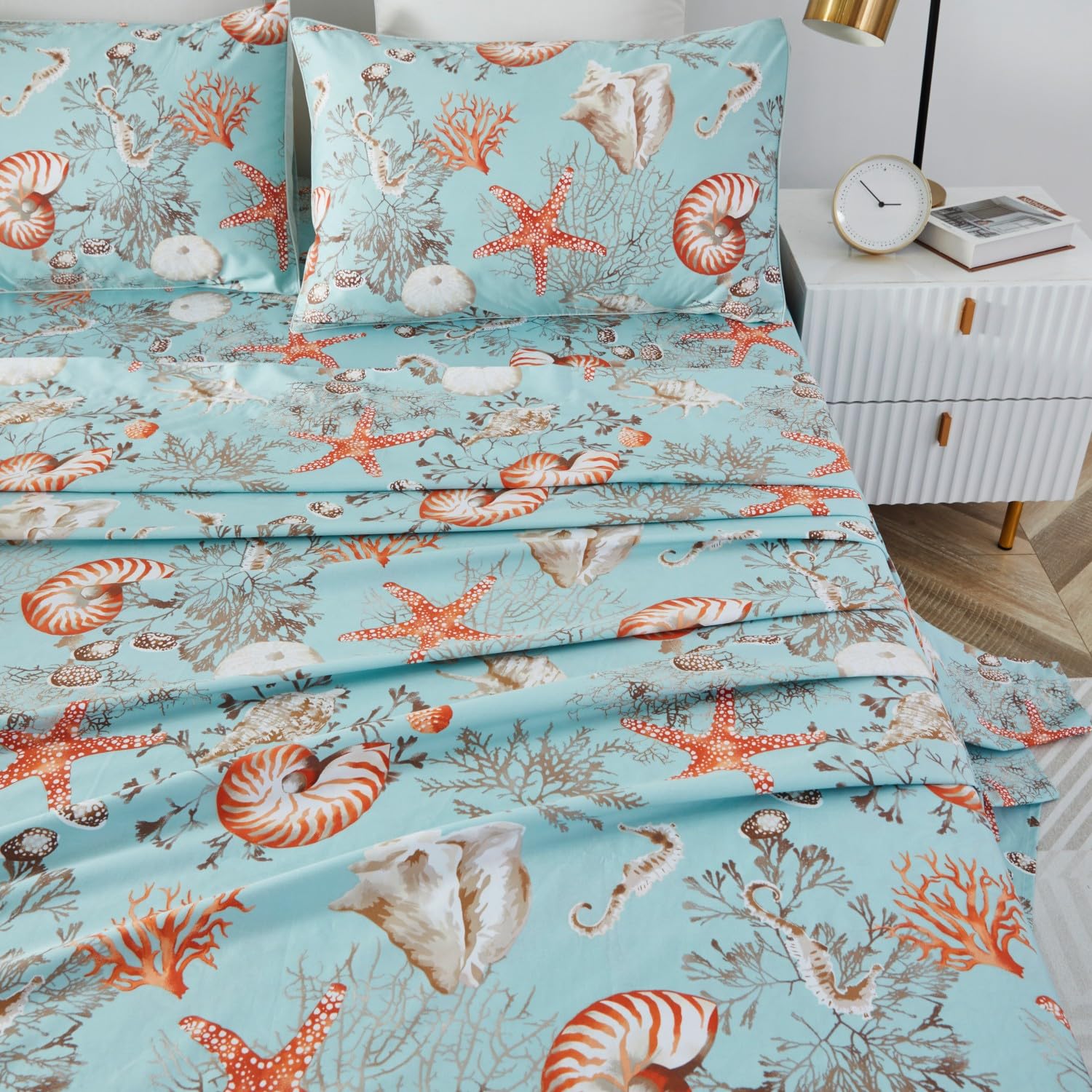 Brandream Luxury Nautical Queen Size Bedding Set - 100% Egyptian Cotton 4-Piece Coastal Beach Sheet Set with 18