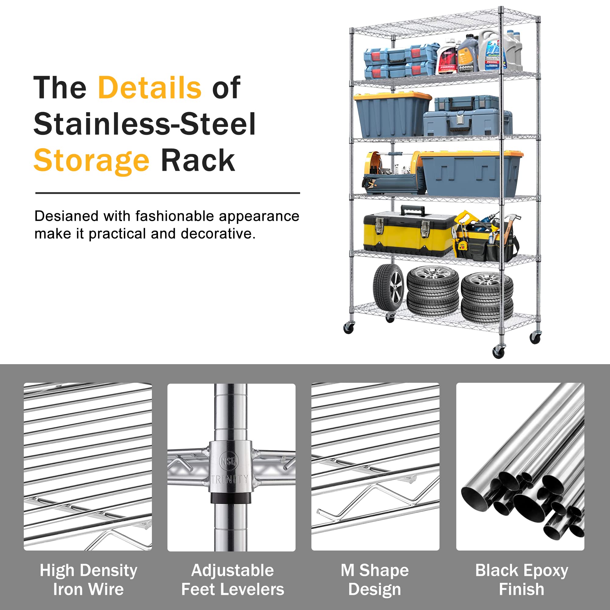 6-Tier Heavy Duty Metal Shelving Unit - 2100LBS Capacity NSF-Certified Commercial Storage Rack with Wheels, Adjustable Height for Kitchen, Garage, Pantry & Warehouse Organization | Rolling Utility Shelves for Home & Business Use