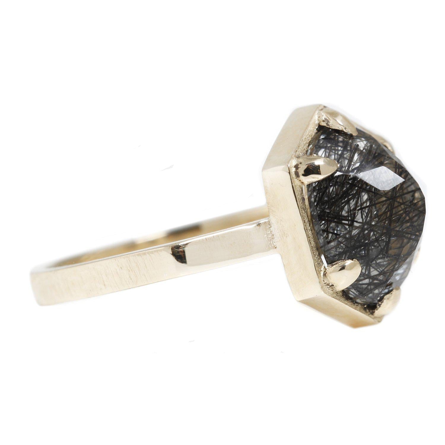 14K Yellow Gold Hexagon Ring with Oval Tourmalated Quartz - Elegant Statement Jewelry for Women, Perfect for Weddings, Anniversaries & Special Occasions