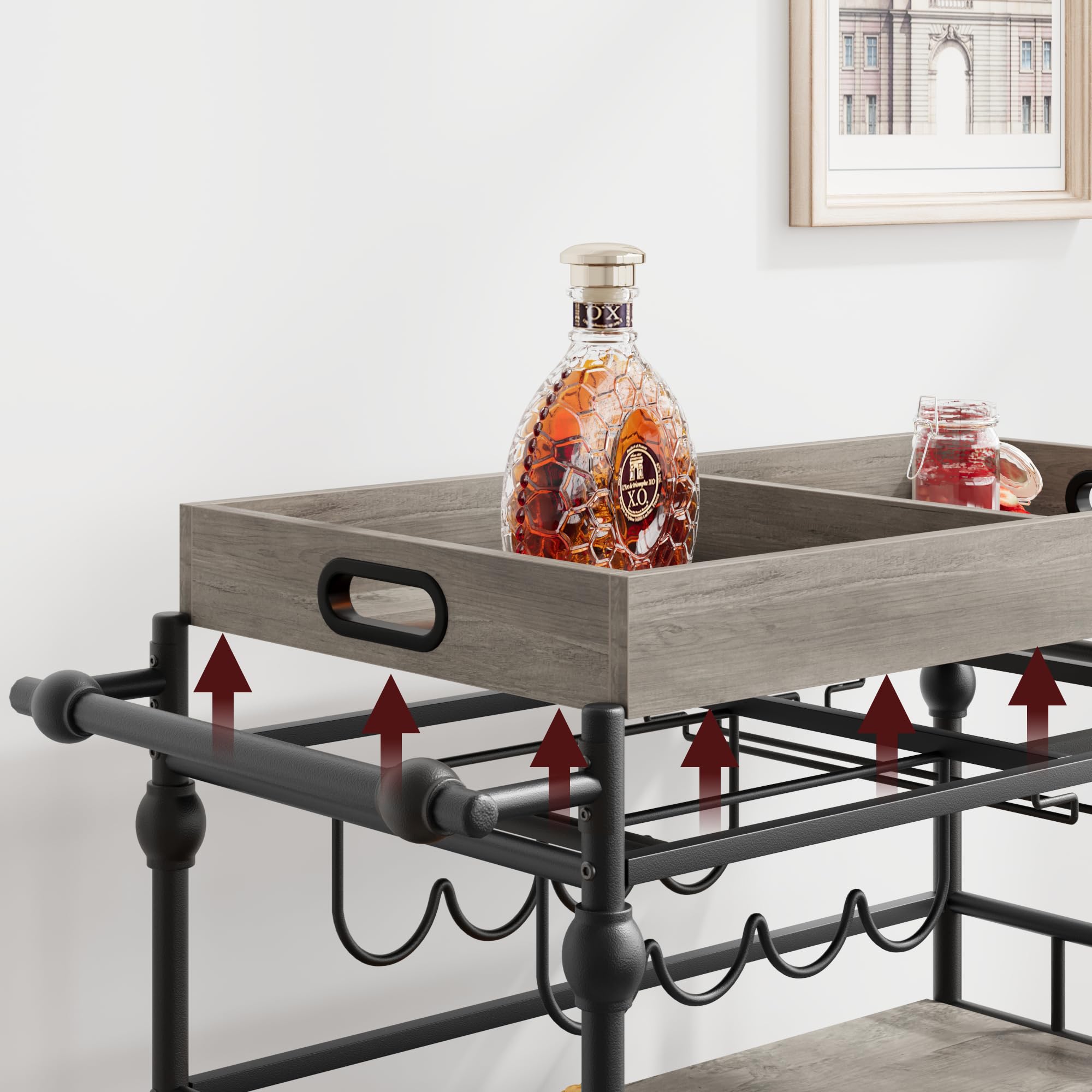 GARVEE 3-Tier Rolling Bar Cart with Wheels - Wine Rack & Glass Holder - Mobile Kitchen, Living Room, Dining Room Furniture - Grey - Perfect for Home Entertaining & Small Space Storage