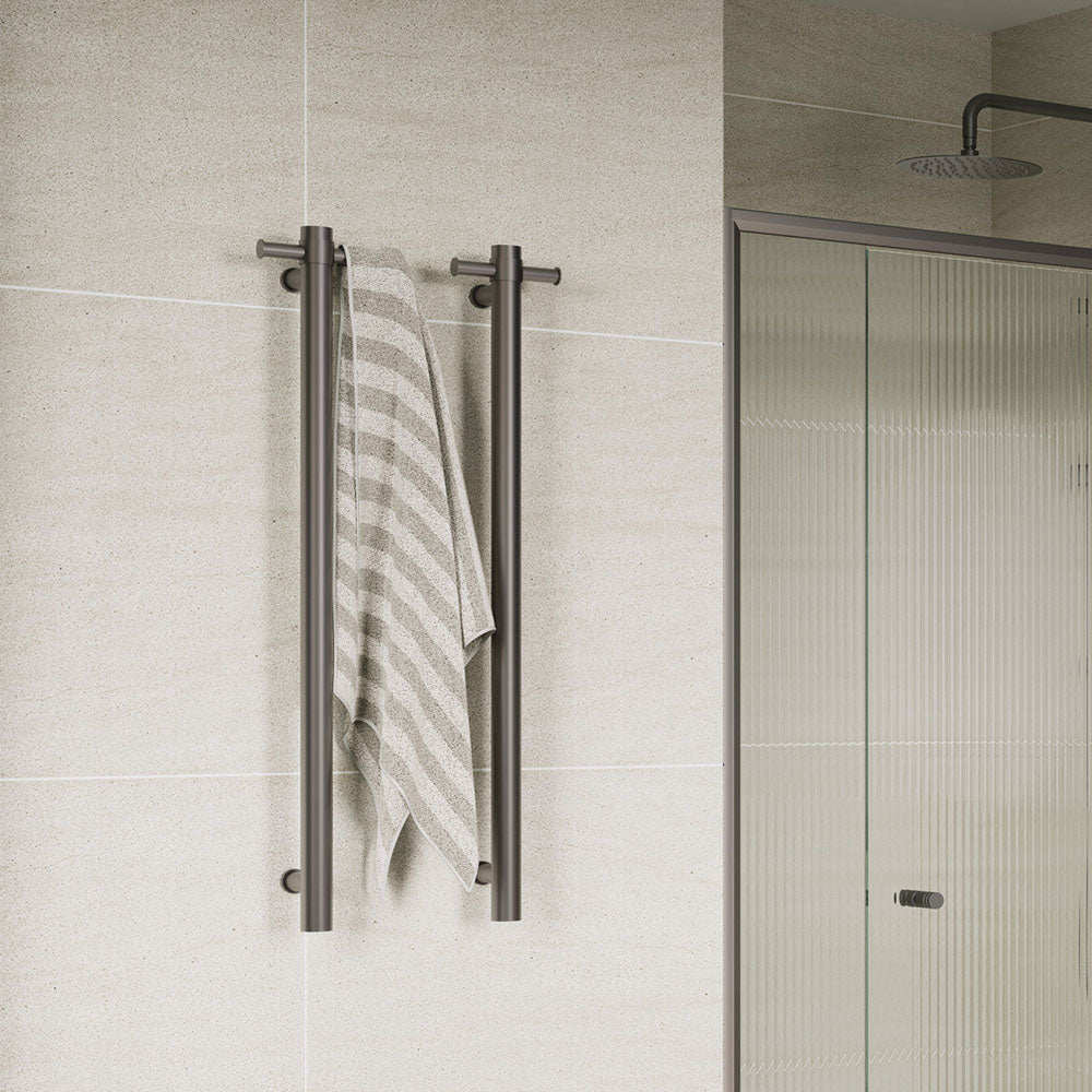 Fienza Isabella 827900GM Vertical Heated Towel Rail - 100 x 900mm Gun Metal Finish | Bathroom Luxury Towel Warmer for Spa, Hotel & Home Use
