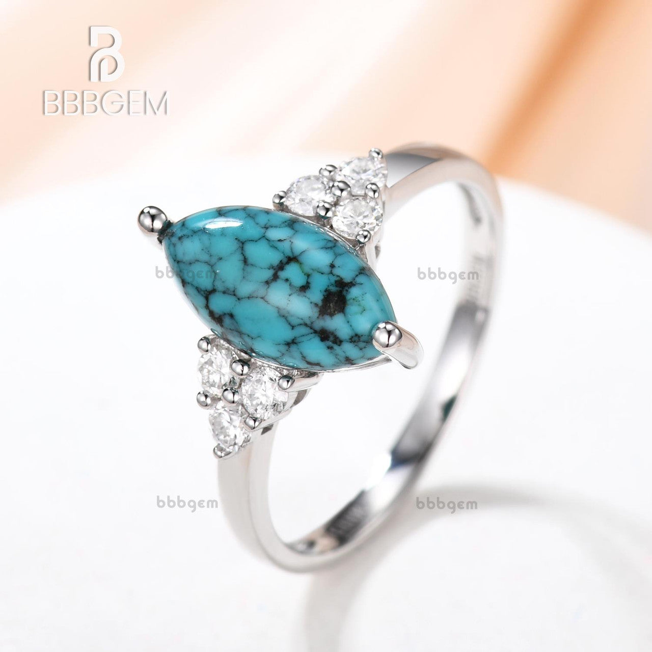 Marquise Turquoise Engagement Ring with Three Diamond Side Stones in 14k Gold Band - Perfect for Proposals, Weddings & Anniversary Gifts