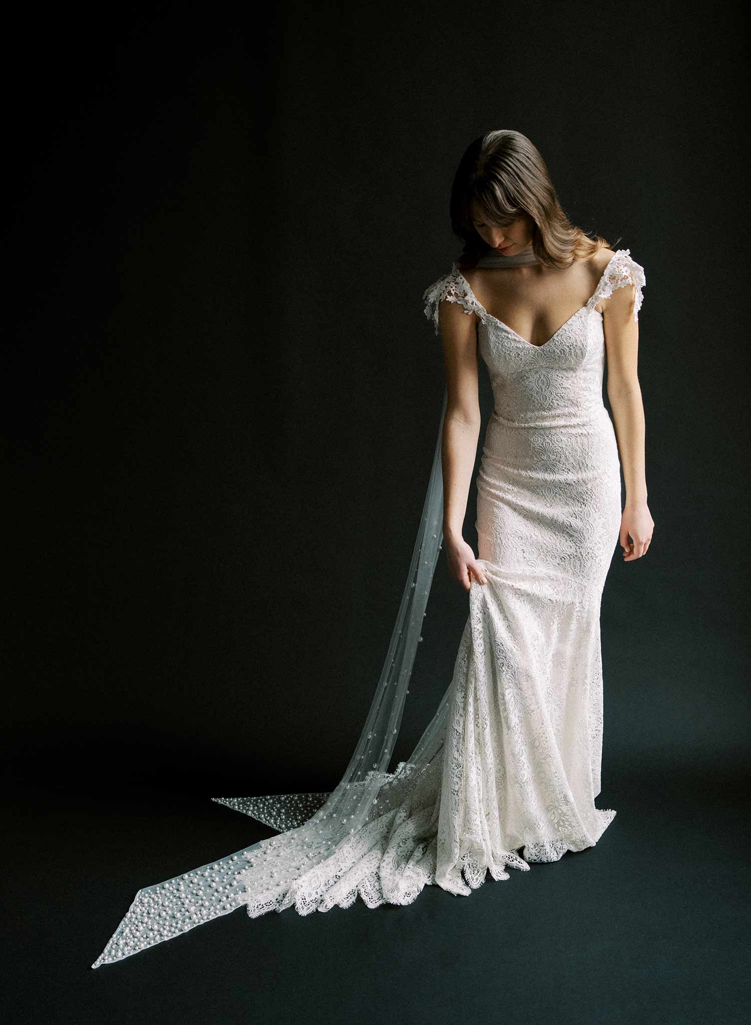 Elegant Mixed Pearl Embroidered Wedding Veil - Chapel Length Bridal Scarf (Style #2577) | Perfect for Church Ceremonies & Romantic Photoshoots