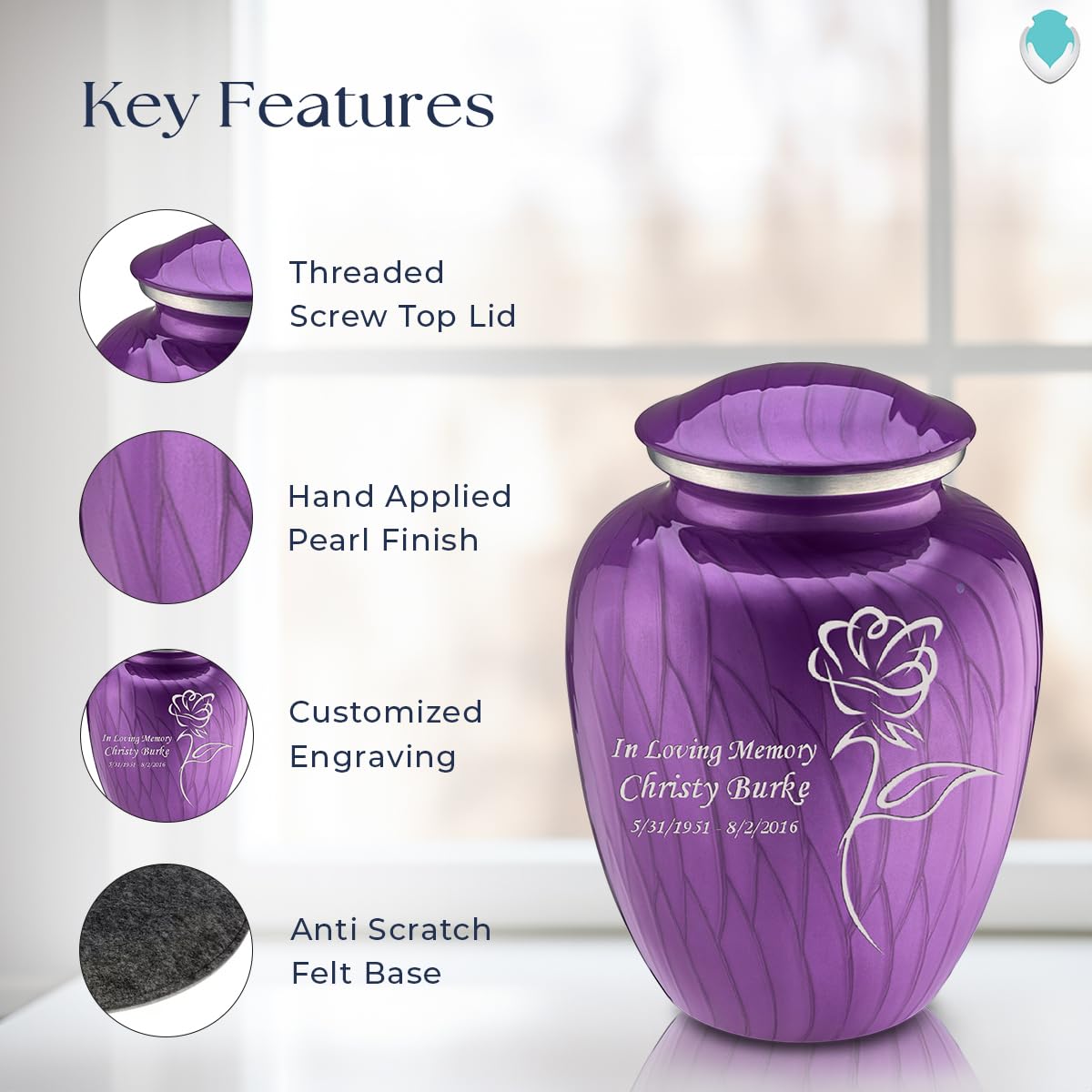 Personalized Rose Cremation Urn for Human Ashes - Large Pearl Purple Funeral Urn for Adults with Double Side Engraving | Holds 200 lbs | Memorial Keepsake for Loved Ones | Perfect for Home Display, Funeral Services & Memorial Ceremonies