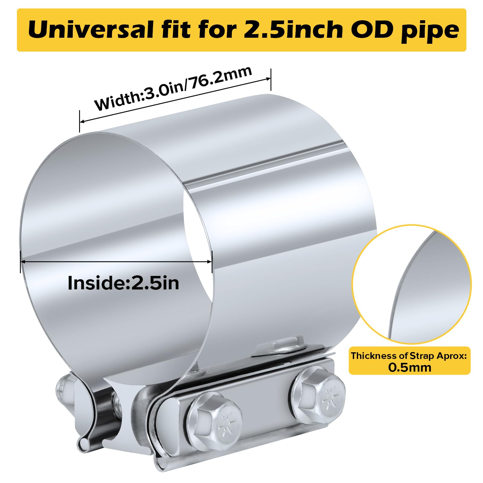 2.5 Inch Stainless Steel Exhaust Clamps (2 Pack) - Heavy Duty Lap Joint Band Clamps for Muffler & Exhaust Pipe Connections - Perfect for Automotive Repair & Custom Exhaust Systems