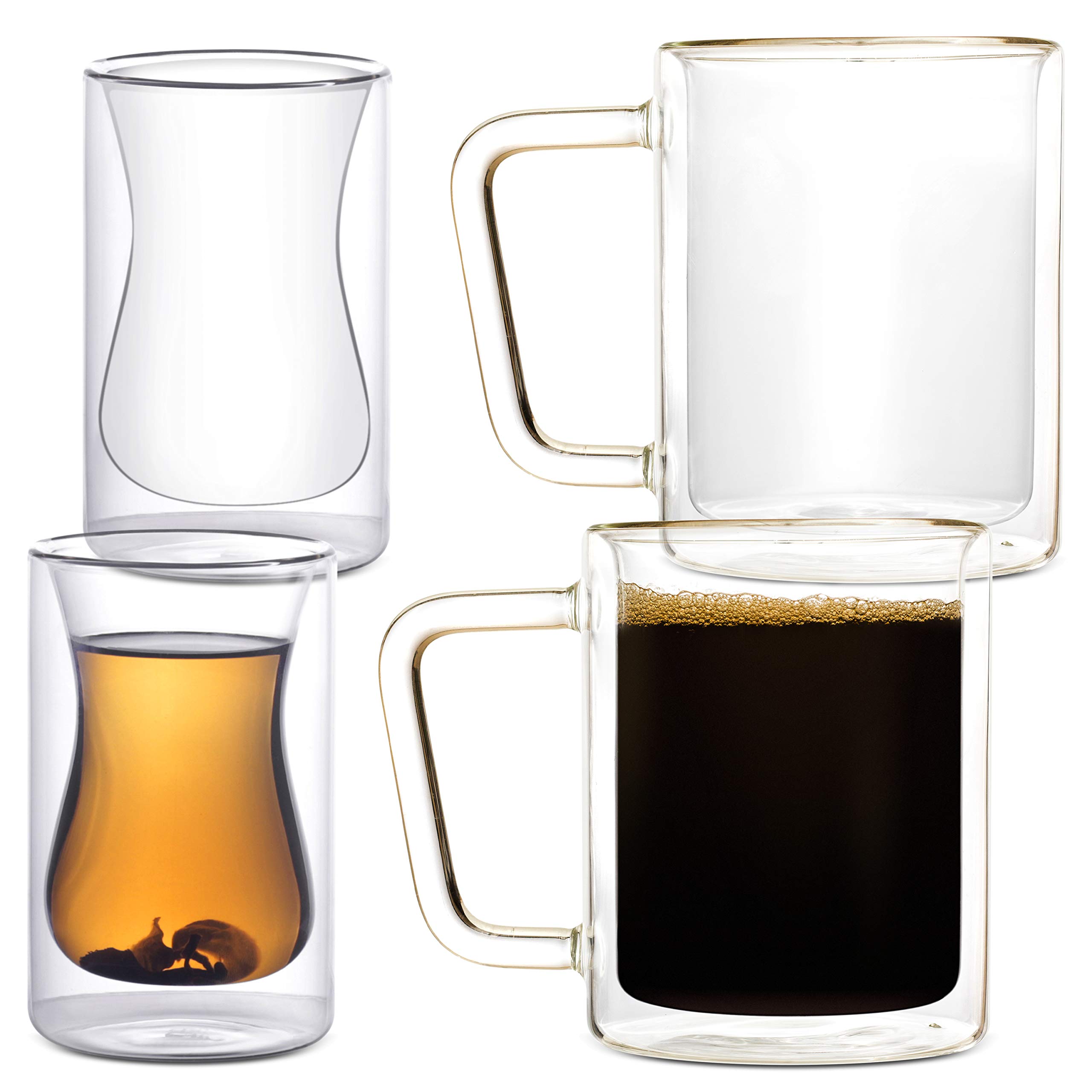 Eparé 16 oz Double Wall Insulated Glass Coffee Mugs Set of 2 & 6 oz Turkish Tea Glasses Set of 2 - Clear Heat Resistant Glassware for Espresso, Latte, Cappuccino - Perfect for Home, Office & Cafe Use