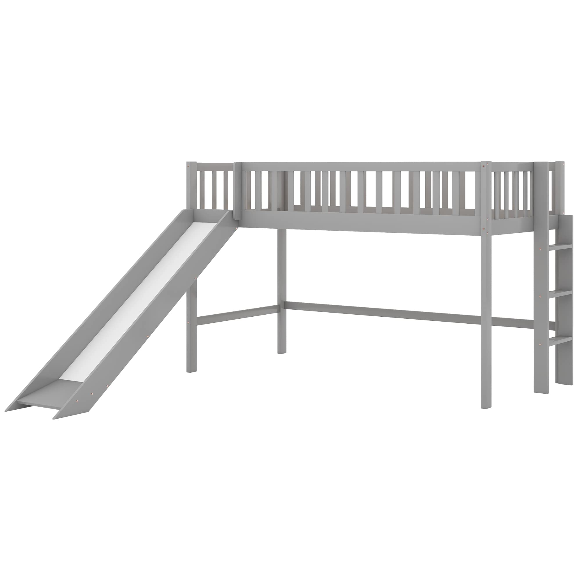 P PURLOVE Modern Twin Loft Bed with Slide & Ladder - Low Profile Wooden Bunk Bed Frame with Safety Rails - Space Saving Kids Bedroom & Dorm Furniture (Gray) - Perfect for Small Rooms, Play Areas & College Dormitories