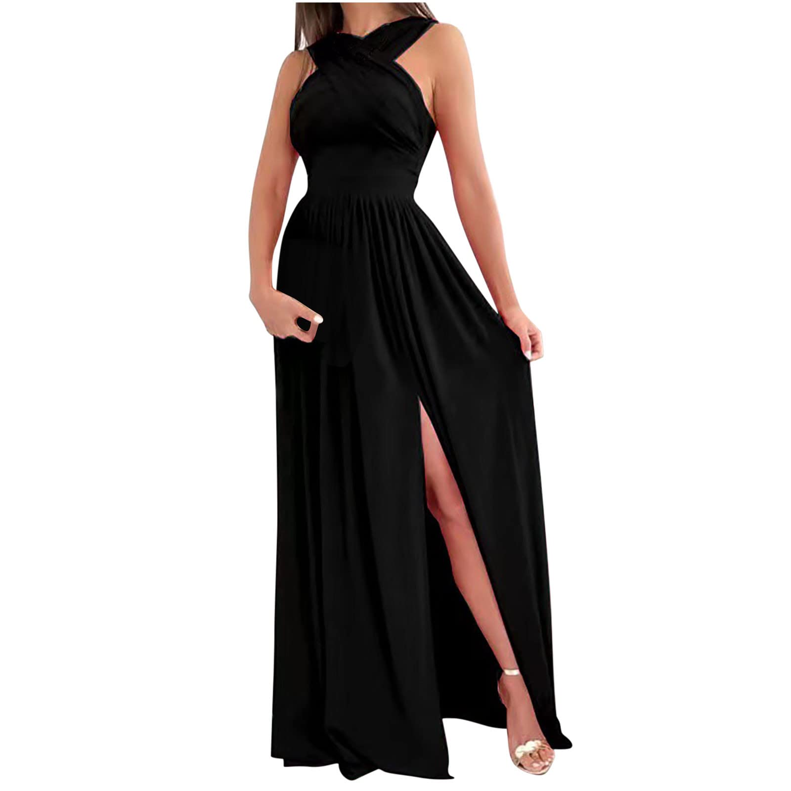 Sexy Backless Halter Neck Summer Dress for Women - Slimming Solid Color Split Hem Maxi Dress - Perfect for Beach Vacations, Parties & Date Nights