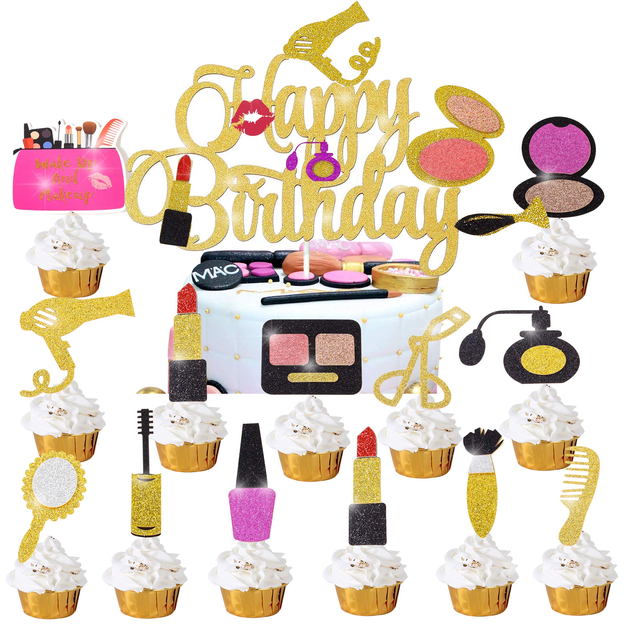 25Pcs Gold Glitter Spa Cake Toppers - Happy Birthday, Bridal Shower, Bachelorette Party Decorations for Women & Girls - Perfect for Salon Themed Celebrations and Cupcake Decorating