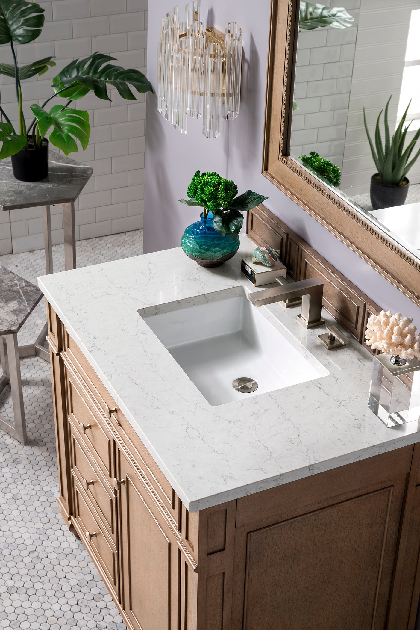 Bristol 36 Inch Single Bathroom Vanity Set with Whitewashed Walnut Finish & 3CM Eternal Jasmine Pearl Quartz Countertop - Perfect for Modern Farmhouse, Coastal, or Transitional Style Bathrooms