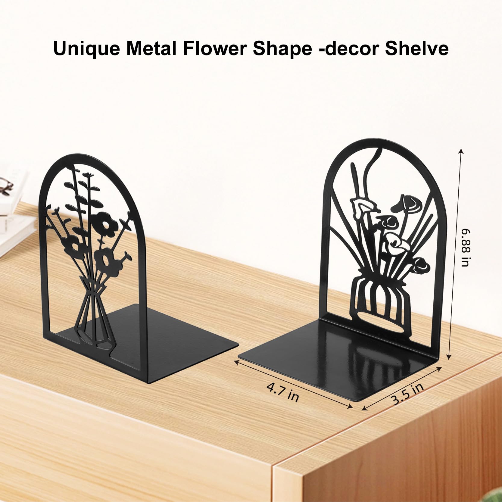Metal Bookends for Heavy Books - 2 Pairs Flower Design for Shelves & Home Office Decor