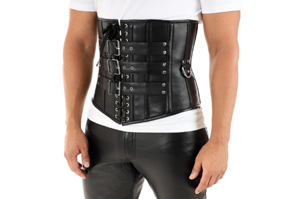 Black Underbust Men’s Leather Corset - Gothic Tight Lacing Waist Trainer for Men, 1830s Victorian Style - Perfect for Cosplay, Steampunk & Gothic Fashion