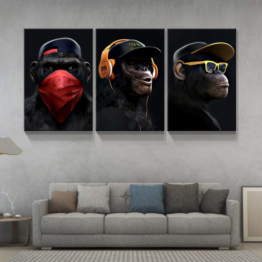 Denozer - 3 Piece Canvas Wall Art with Music Gorilla Design, Giclee Print Gallery Wrapped Ready to Hang, 24