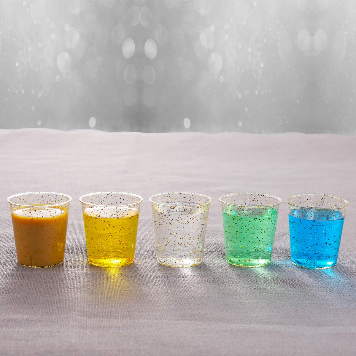 WELLIFE 200 Pack Gold Glitter Plastic Shot Glasses - 1 oz Disposable Party Cups for Whiskey, Liquor & Cocktails - Premium Mini Containers for Birthday, Wedding & Holiday Celebrations