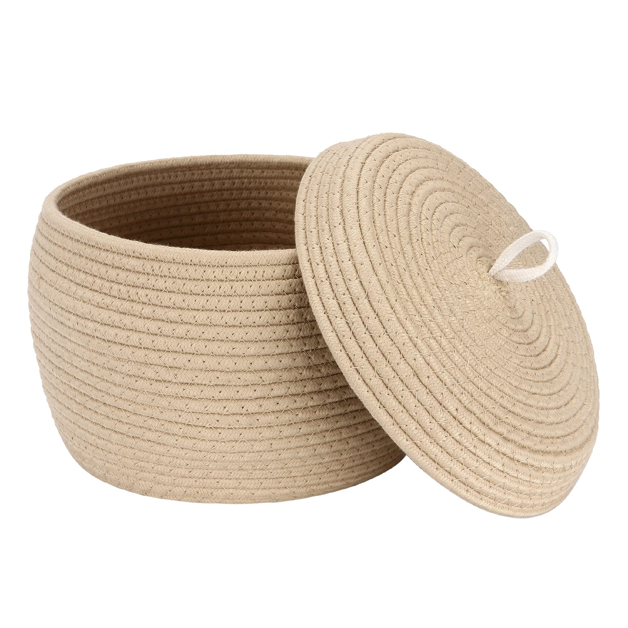 Sea Team Round Cotton Rope Storage Basket with Lid - Decorative Woven Organizer Bin for Home, Nursery & Office - Perfect for Snacks, Towels, Plants & Toys - 10 x 7.5 Inches Small Khaki Container