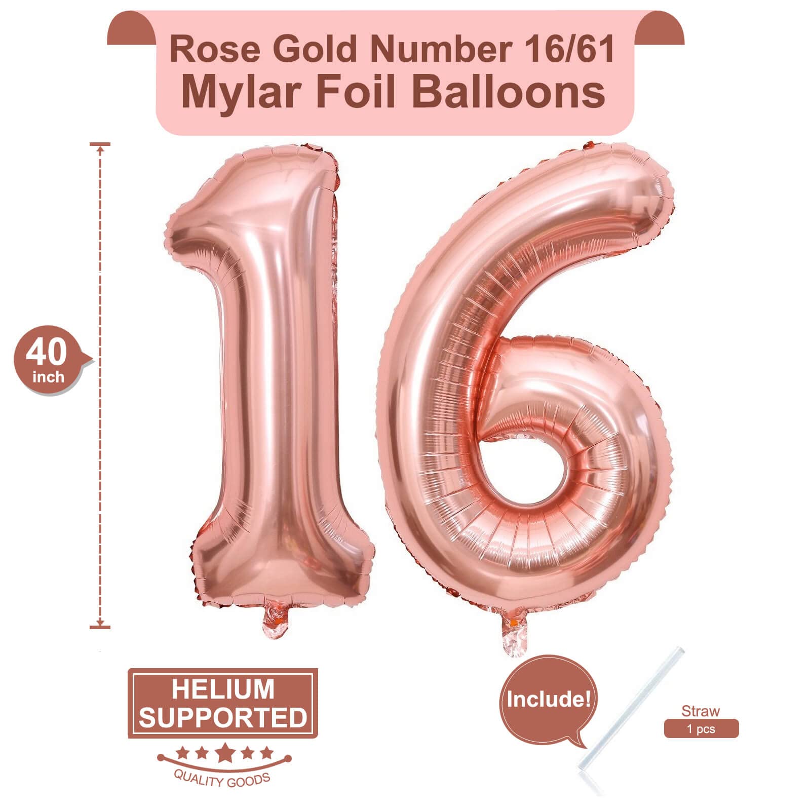 40 Inch Rose Gold 16 Number Balloons - Giant Jumbo Foil Mylar Helium Balloons for Birthday, Anniversary & Party Decorations - Perfect for 16th Birthday Celebrations, Sweet 16 Parties & Special Events