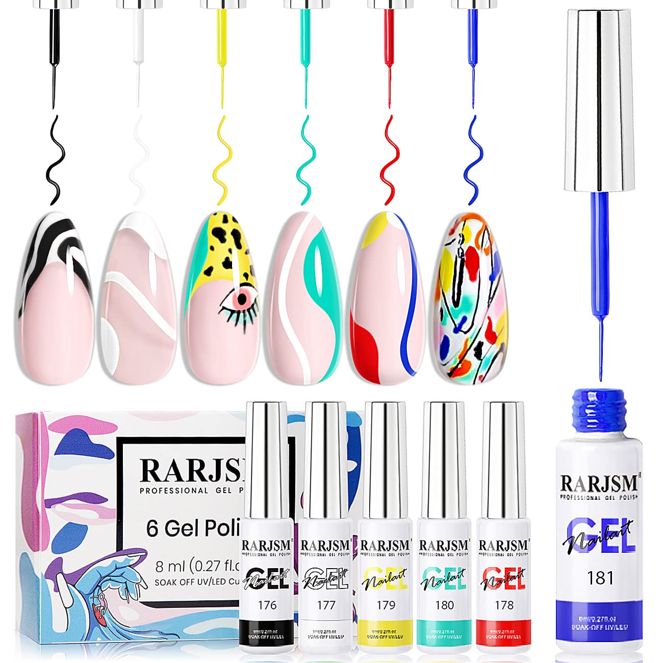 RARJSM 6-Piece Gel Nail Polish Set - Black, White, Red, Blue, Green & Yellow UV/LED Curing Nail Art Pens for DIY Geometric 3D Designs | Perfect for Salon Professionals & Home Manicures