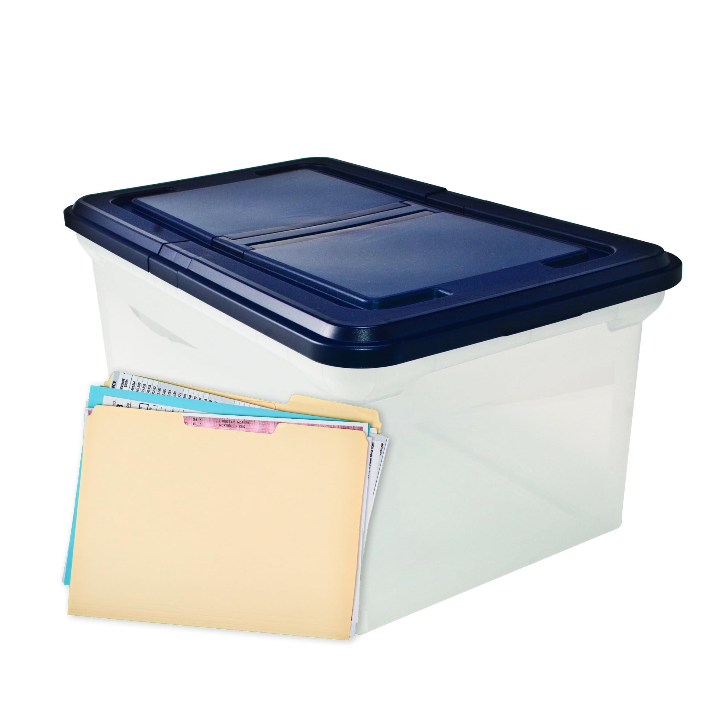 Advantus Plastic File Storage Box with Hinged Lid - Clear/Navy Document Organizer for Hanging Files | Office Organization, File Folders Storage & Home Office Supplies | Perfect for Desk, Closet & School Organization
