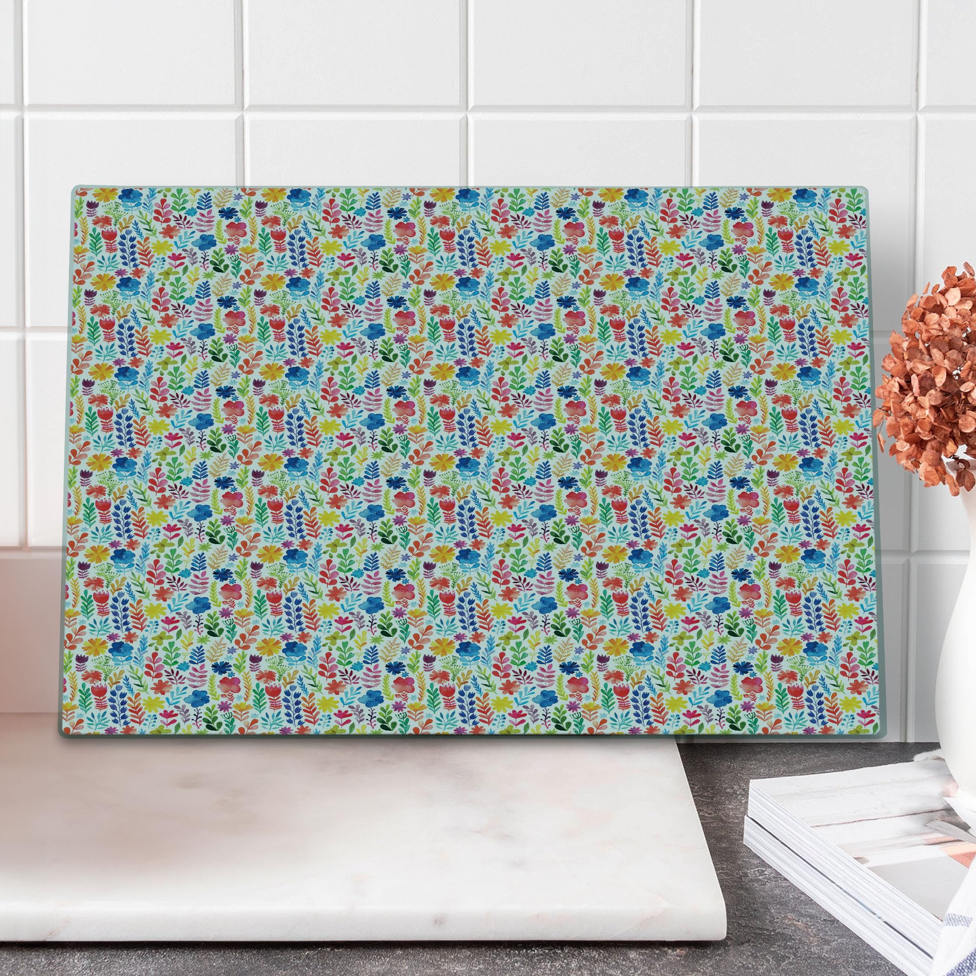 Ambesonne Floral Tempered Glass Cutting Board - Vibrant Watercolor Spring Flowers, Tulips, Roses, Pansies & Wild Herbs - Large Decorative Serving Board for Kitchen, Dining & Entertaining - Multicolor