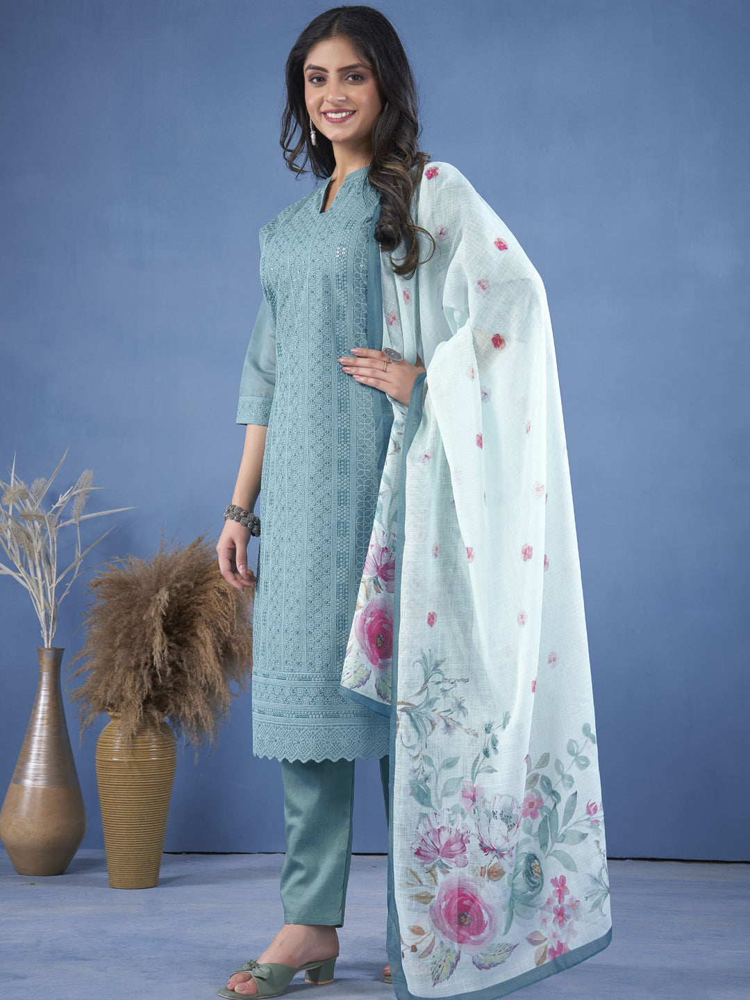 Elegant Aqua Blue Ready-Made Pant Suit with Designer Embroidery - Perfect for Weddings, Parties & Formal Events