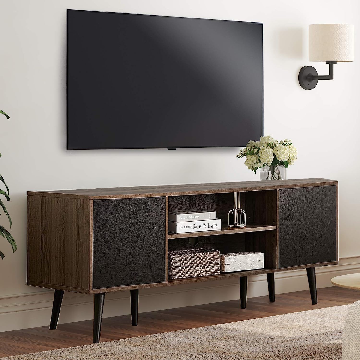 Mid-Century Modern TV Stand for 60 Inch Flat Screen - Wood Media Console with Doors, Home Entertainment Center for Living Room - Black | Stylish Storage Solution for TVs, Gaming Consoles & Living Room Decor