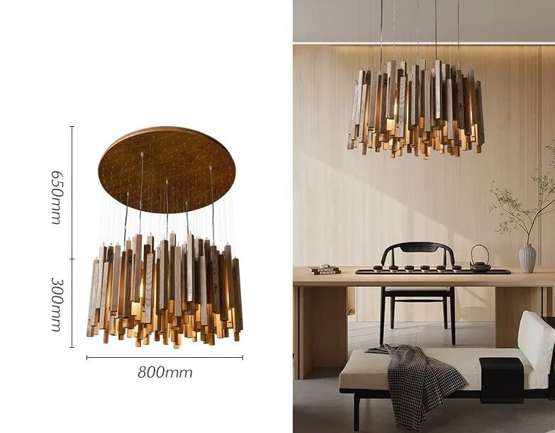 Solid Oak Wood Hanging Chandelier - Rustic Farmhouse Ceiling Light Fixture for Dining Room, Kitchen Island & Bedroom Decor