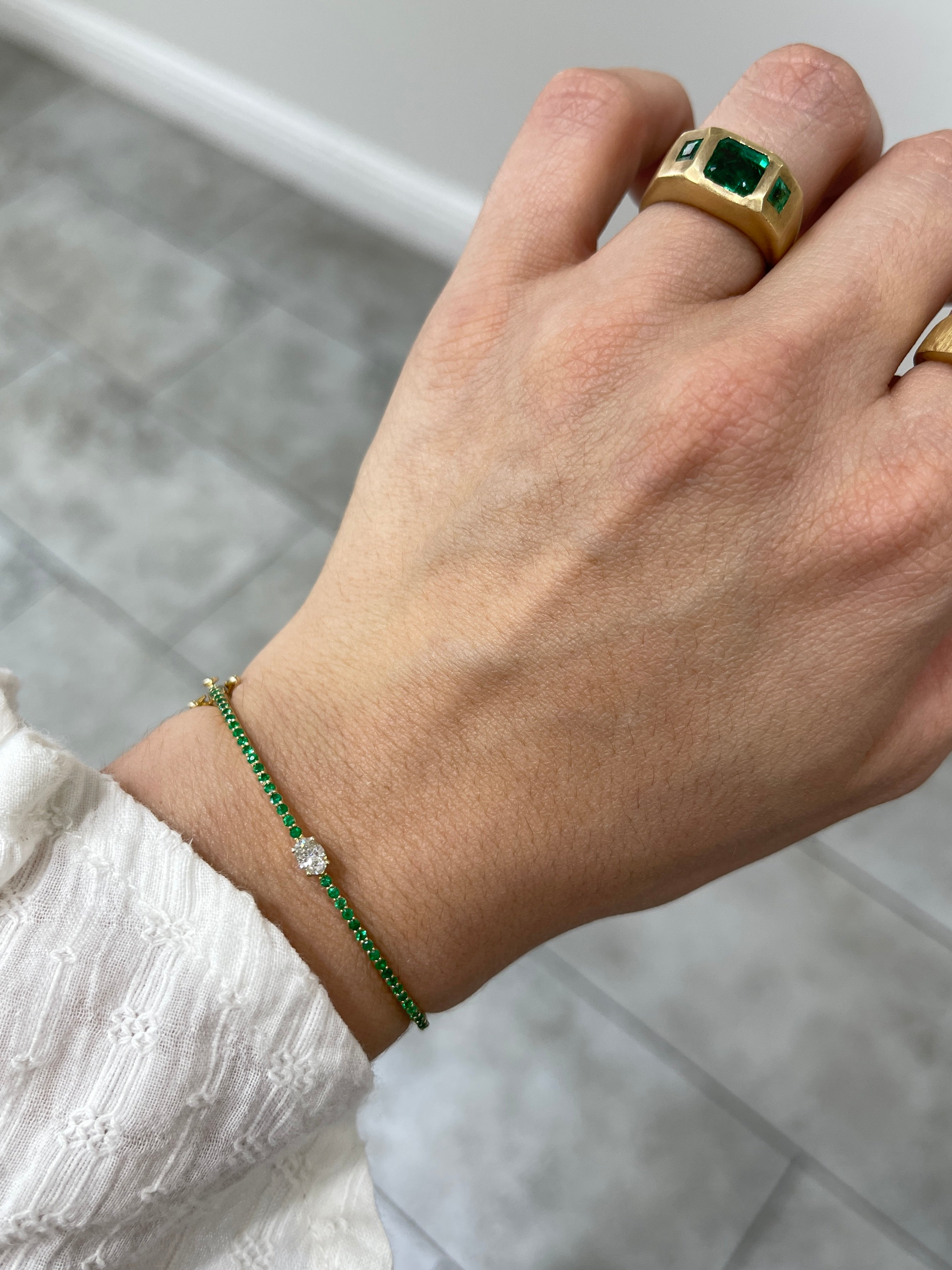 14K Yellow Gold Oval Diamond & Emerald Bangle Bracelet - 5.5 Inch Adjustable Wrist Size for Women | Perfect for Weddings, Anniversaries & Special Occasions