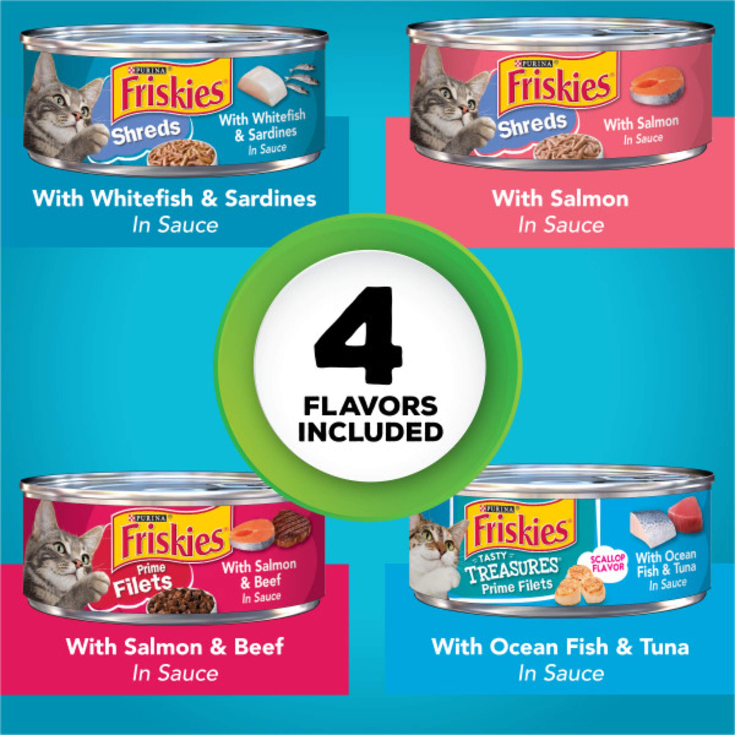 Purina Friskies Wet Cat Food Variety Pack - 32 Cans (5.5 Oz Each) | Fish-A-Licious Extra Gravy, Prime Filets & Tasty Treasures | High Protein Cat Food for Adult & Senior Cats | Perfect for Mealtime, Travel & Emergency Pet Food Supply