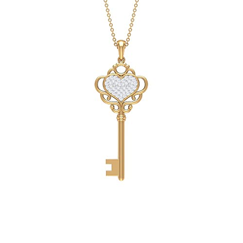 14K Solid Gold Diamond Heart Key Pendant Necklace for Women - April Birthstone Jewelry Gift for Anniversary, Valentine's Day & Special Occasions